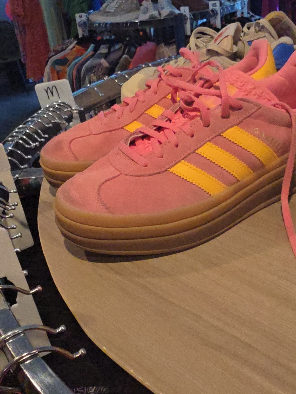 adidas Women's Pink Suede Platform Sneakers with Yellow Stripes